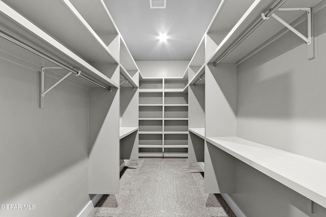 spacious closet featuring light colored carpet