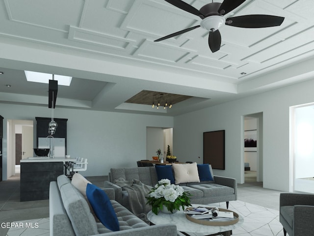 living room featuring light tile patterned flooring and ceiling fan