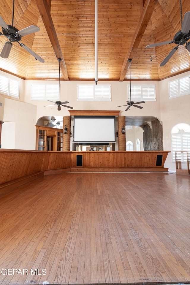 18 Via Placita, El Paso, TX 79927 - miscellaneous room featuring high vaulted ceiling, a ceiling fan, wood-type flooring, wood ceiling, and beamed ceiling