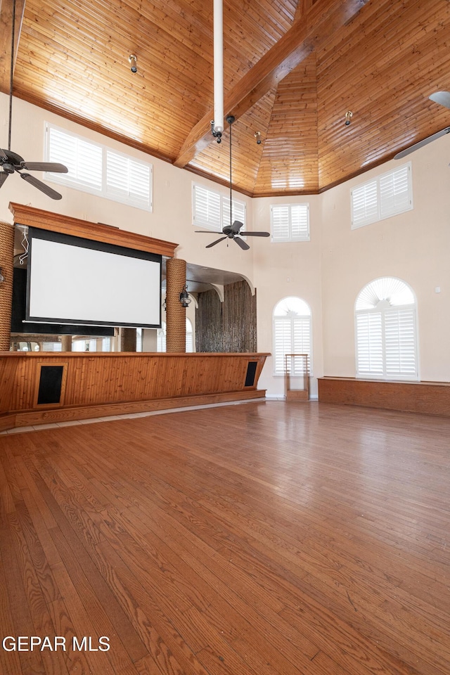 18 Via Placita, El Paso, TX 79927 - miscellaneous room with ceiling fan, high vaulted ceiling, wood ceiling, wood finished floors, and beamed ceiling