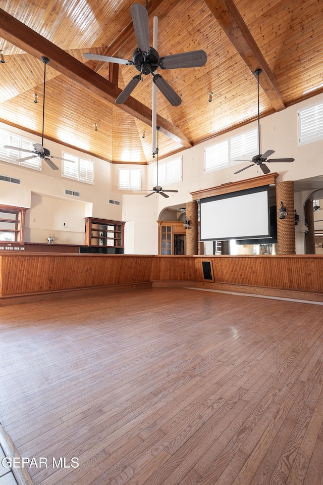 18 Via Placita, El Paso, TX 79927 - misc room featuring high vaulted ceiling, a ceiling fan, wooden ceiling, beam ceiling, and hardwood / wood-style flooring