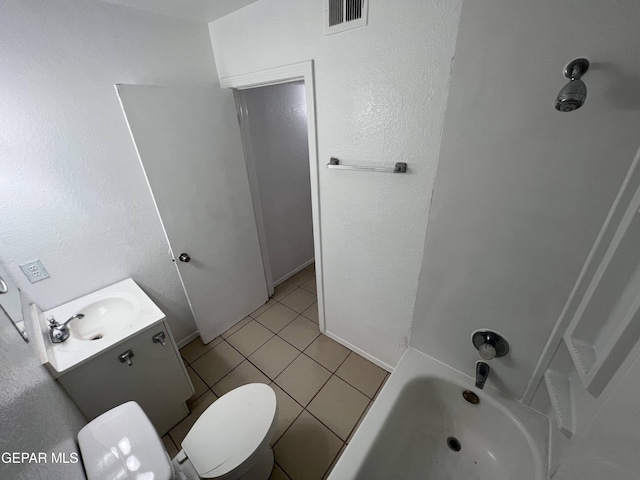 full bathroom with shower / bathtub combination, vanity, toilet, and tile floors