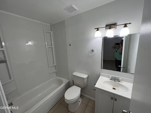 full bathroom with shower / washtub combination, vanity, toilet, and tile flooring