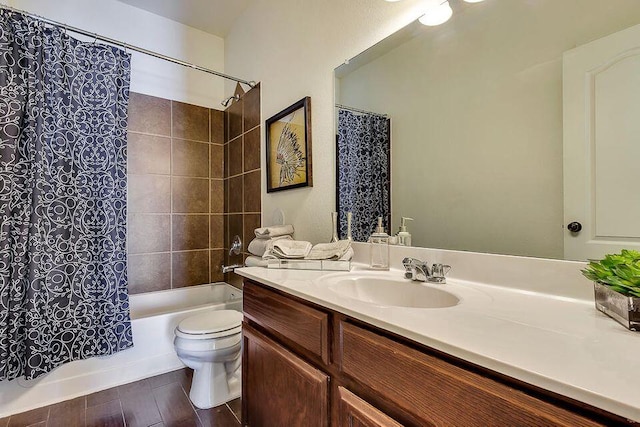 full bathroom with shower / bathtub combination with curtain, toilet, and oversized vanity