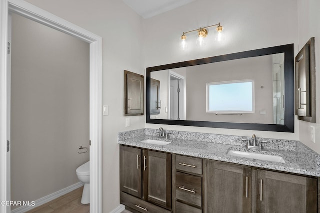 bathroom with dual bowl vanity and toilet