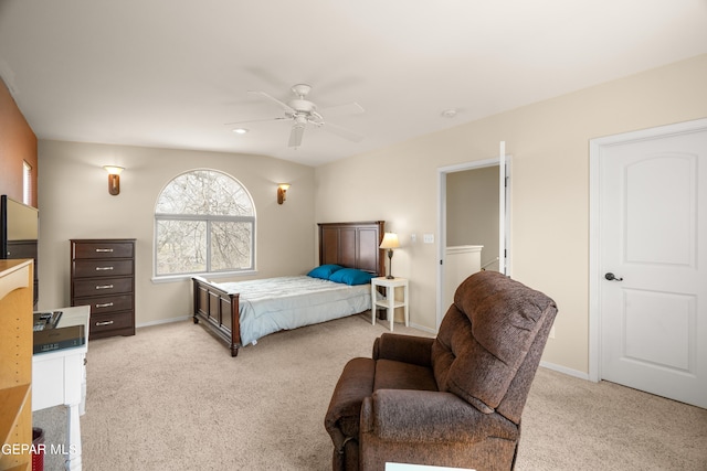 bedroom with light colored carpet and ceiling fan