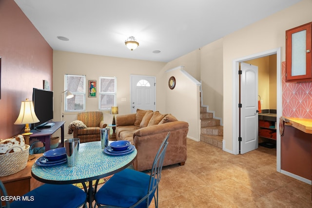 living room with light tile floors