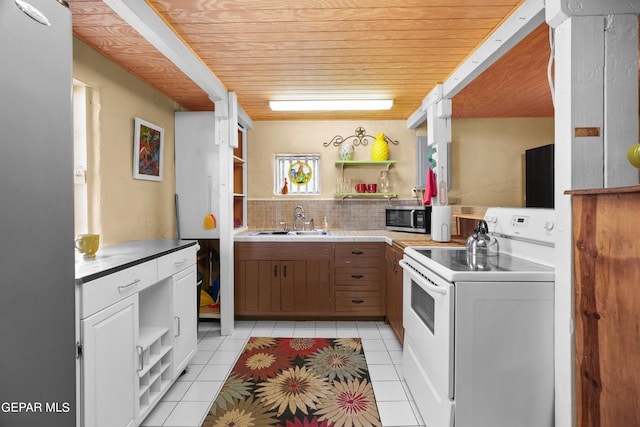 kitchen featuring white electric stove, white cabinetry, backsplash, sink, and wood ceiling