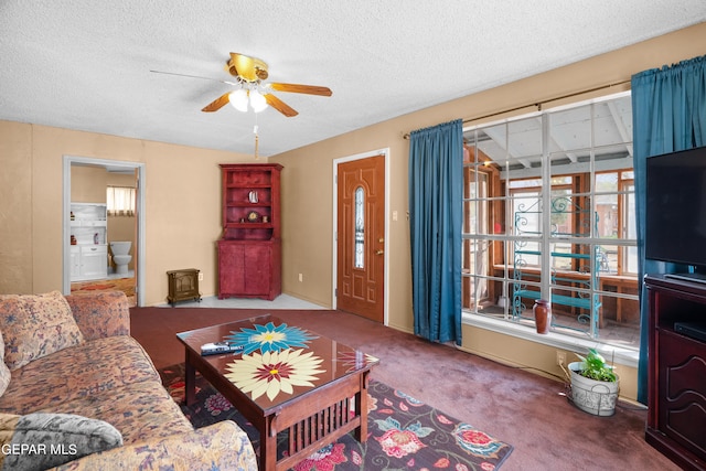 living room with carpet flooring, ceiling fan, and a textured ceiling