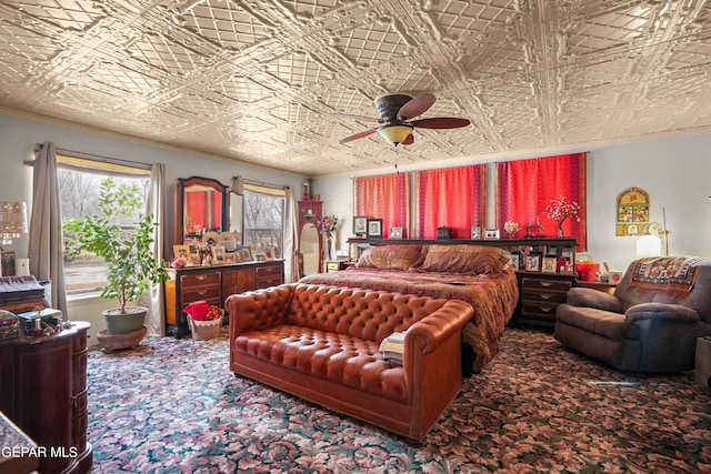 bedroom featuring carpet floors and ceiling fan