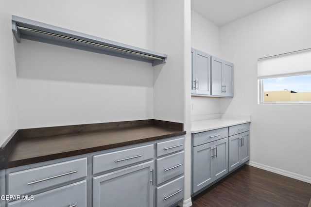 kitchen with gray cabinetry and dark wood-type flooring