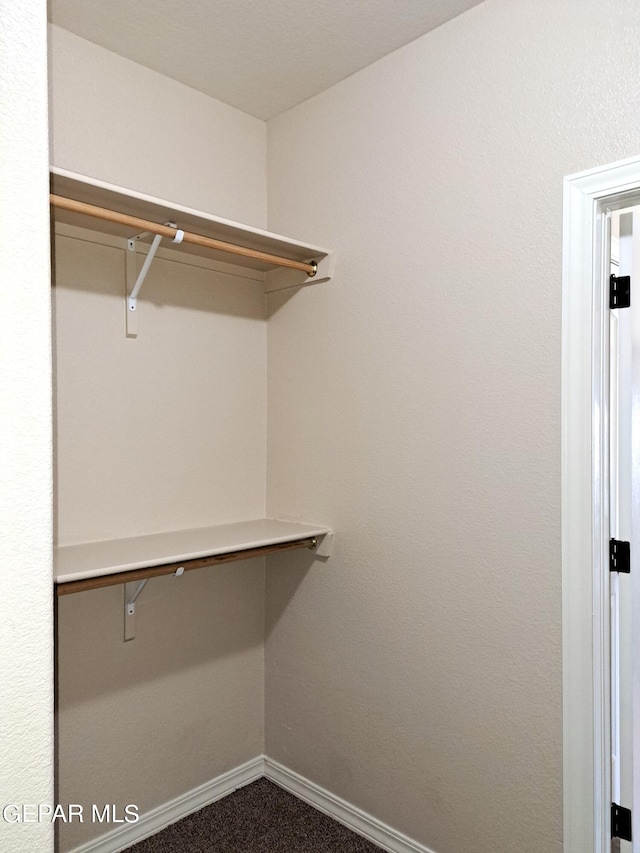 spacious closet featuring dark carpet