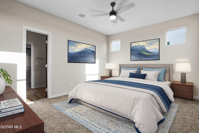 carpeted bedroom featuring ceiling fan