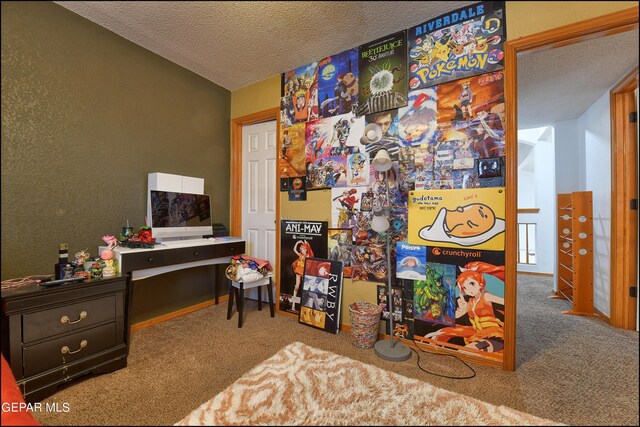 interior space with carpet flooring and a textured ceiling