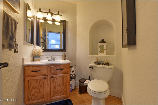 bathroom with vanity, toilet, and wood-type flooring