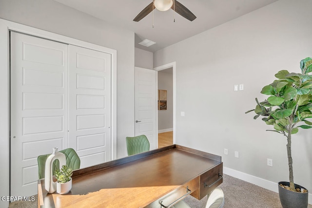 office featuring carpet flooring and ceiling fan