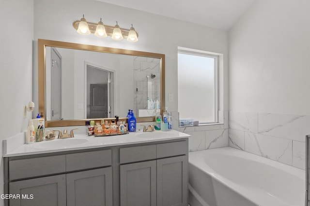 bathroom featuring vanity and separate shower and tub