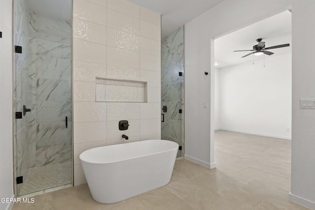 bathroom featuring shower with separate bathtub, ceiling fan, and tile walls