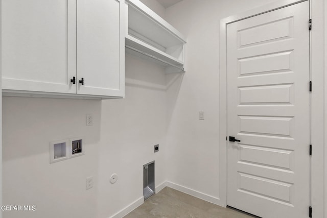 clothes washing area featuring hookup for a washing machine, gas dryer hookup, electric dryer hookup, and cabinets