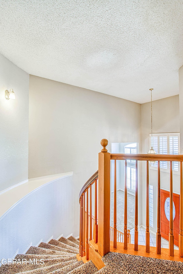 staircase featuring a textured ceiling and carpet flooring