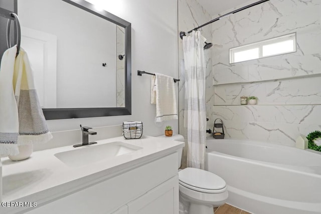 full bathroom with shower / bath combination with curtain, toilet, and vanity