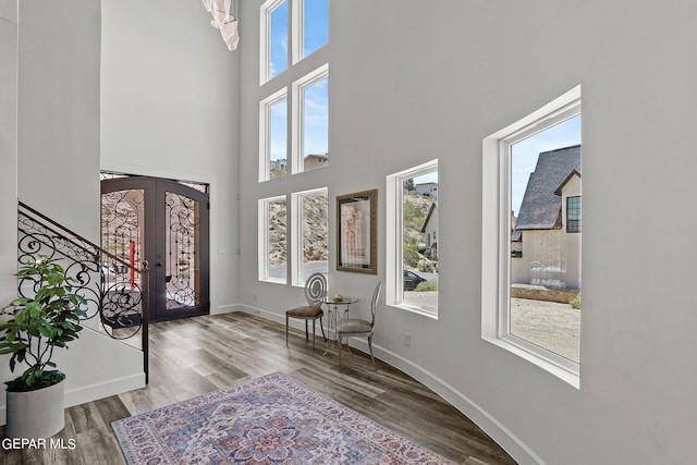 foyer featuring french doors, a high ceiling, and wood-type flooring