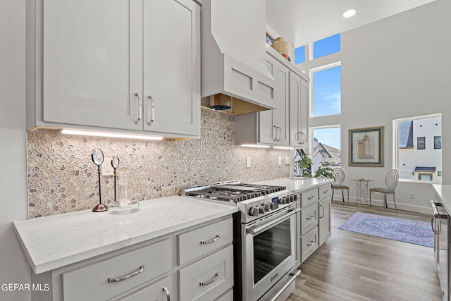 kitchen with light hardwood / wood-style floors, light stone counters, white cabinetry, and stainless steel stove