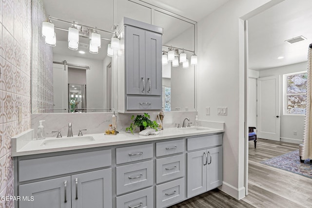 bathroom featuring hardwood / wood-style flooring and vanity