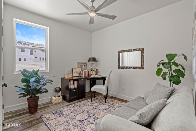 home office with hardwood / wood-style flooring and ceiling fan