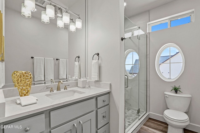 bathroom with hardwood / wood-style flooring, vanity, toilet, and an enclosed shower