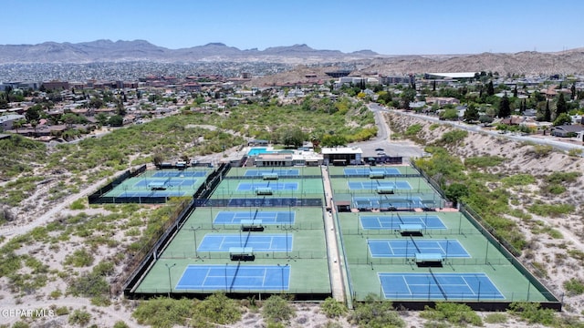 drone / aerial view featuring a mountain view