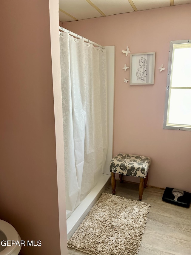 bathroom featuring a shower with shower curtain and hardwood / wood-style flooring