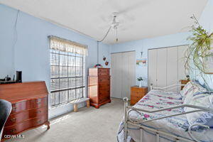 carpeted bedroom featuring ceiling fan and multiple closets