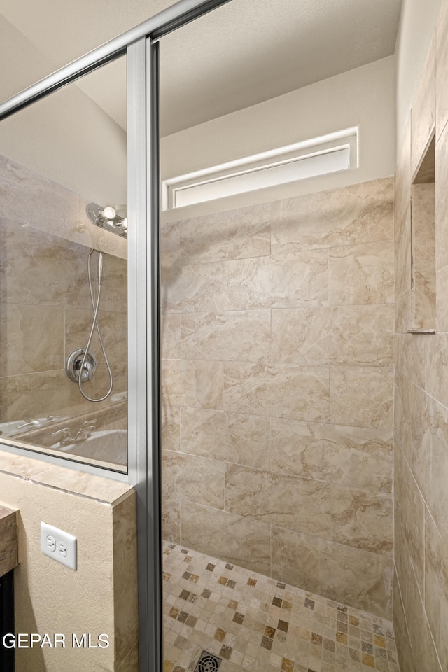 bathroom featuring a shower with shower door