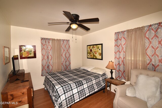 bedroom featuring ceiling fan and hardwood / wood-style flooring