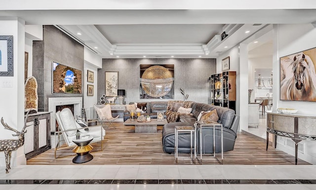 928 Singing Hills Dr, El Paso, TX 79912 - tiled living area with a fireplace, a tray ceiling, and recessed lighting