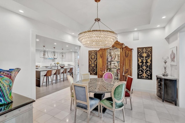 928 Singing Hills Dr, El Paso, TX 79912 - dining room featuring light tile patterned floors, a towering ceiling, a chandelier, and recessed lighting