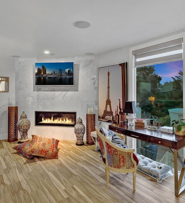 928 Singing Hills Dr, El Paso, TX 79912 - interior space with a tile fireplace, wood finished floors, and recessed lighting