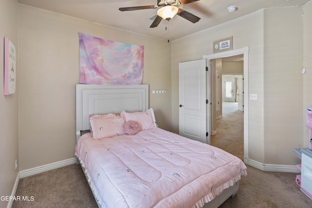 bedroom with ceiling fan and carpet