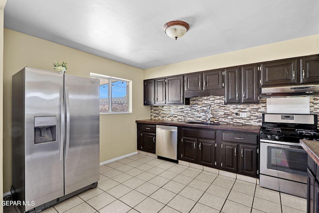 kitchen featuring sink, backsplash, dark brown cabinets, light tile patterned floors, and appliances with stainless steel finishes