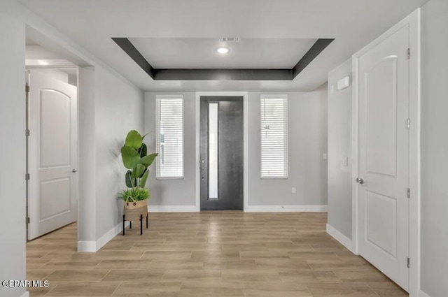 entrance foyer featuring a raised ceiling and light hardwood / wood-style flooring