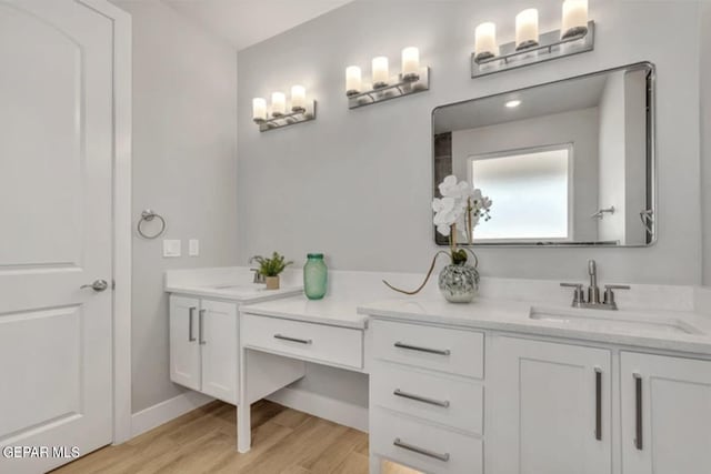 bathroom featuring hardwood / wood-style flooring and dual bowl vanity