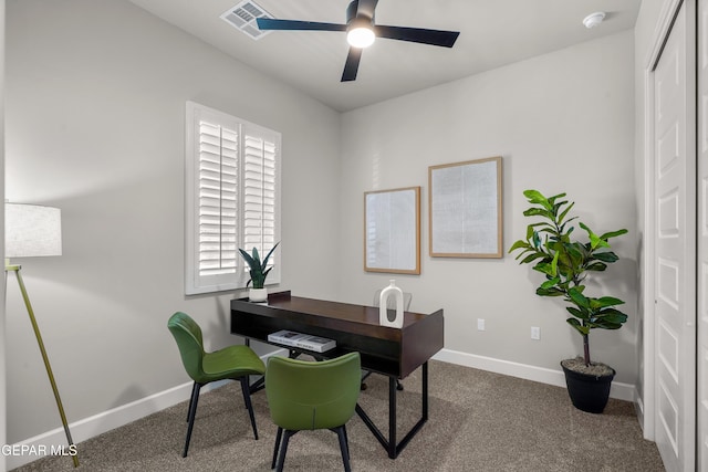 12741 Eltham Dr, Horizon City, TX 79928 - carpeted home office with baseboards, a ceiling fan, and visible vents