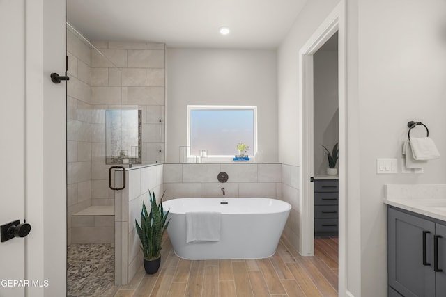 12741 Eltham Dr, Horizon City, TX 79928 - bathroom featuring wood finished floors, a shower stall, a soaking tub, and vanity