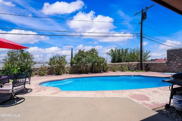 view of swimming pool with a diving board, a grill, and a patio area