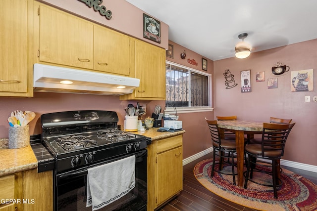 kitchen with ceiling fan, black range with gas stovetop, and dark hardwood / wood-style floors