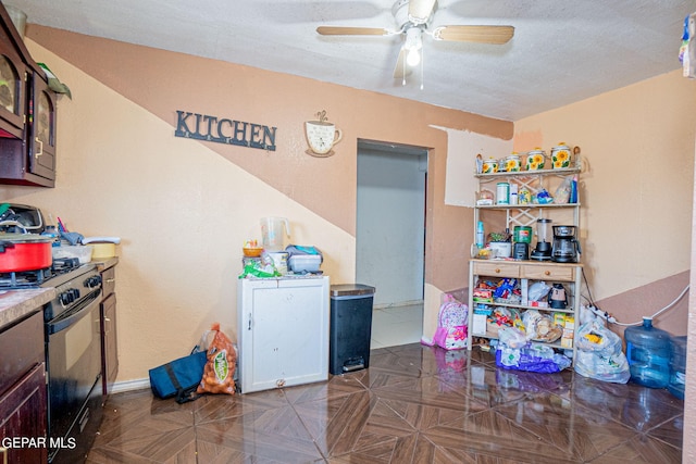 kitchen featuring gas stove, dark brown cabinetry, and ceiling fan