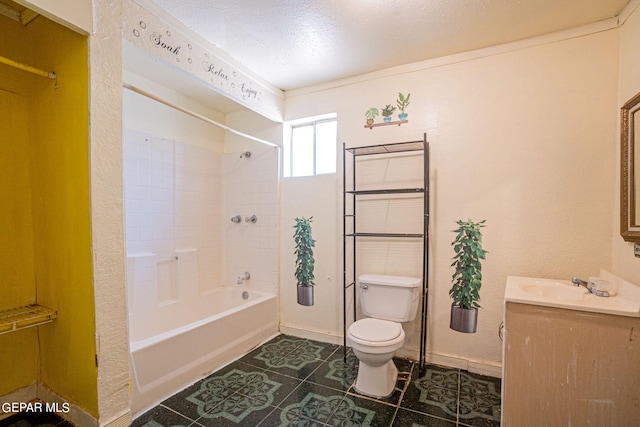 bathroom with toilet, washtub / shower combination, vanity, baseboards, and tile patterned floors