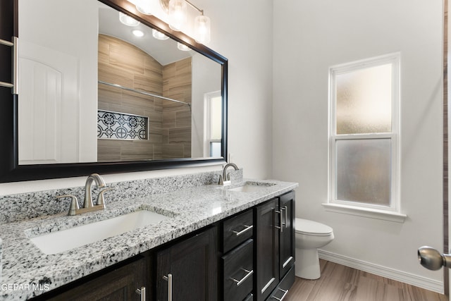 bathroom with double sink vanity, hardwood / wood-style flooring, and toilet