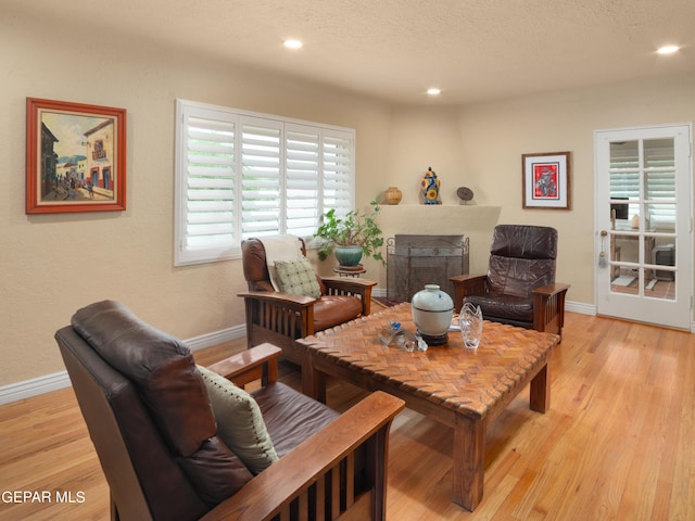 sitting room featuring a large fireplace, light hardwood / wood-style flooring, and a healthy amount of sunlight